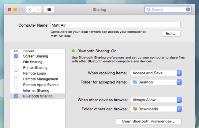 Utilisez les Préférences de Partage Bluetooth et configurez votre ordinateur pour partager des fichiers avec d’autres appareils utilisant le Bluetooth.