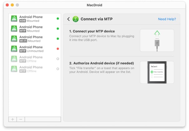 Aunque el modo MTP es la forma más utilizada para transferir archivos entre Mac y Android, MacDroid también permite el modo avanzado ADB.