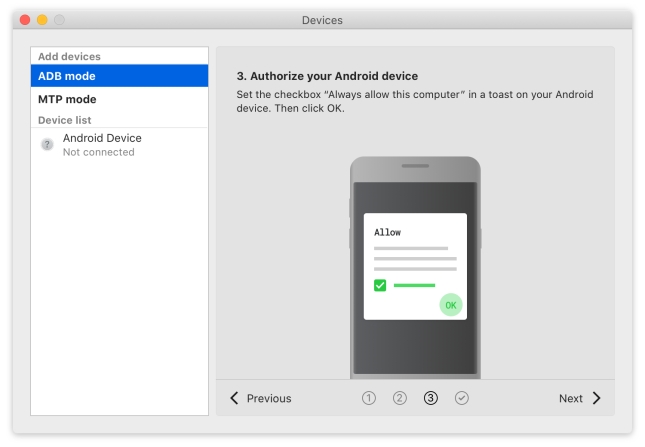 Click Next after devices authorization for Android USB file transfer.