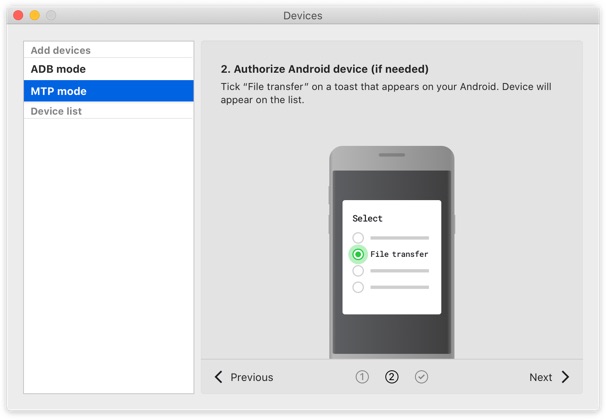Obwohl der MTP-Modus für Android-Benutzer eine gängige Methode ist, um Dateien zwischen Mac und Android zu übertragen, ist der erweiterte ADB-Modus auch mit MacDroid verfügbar.