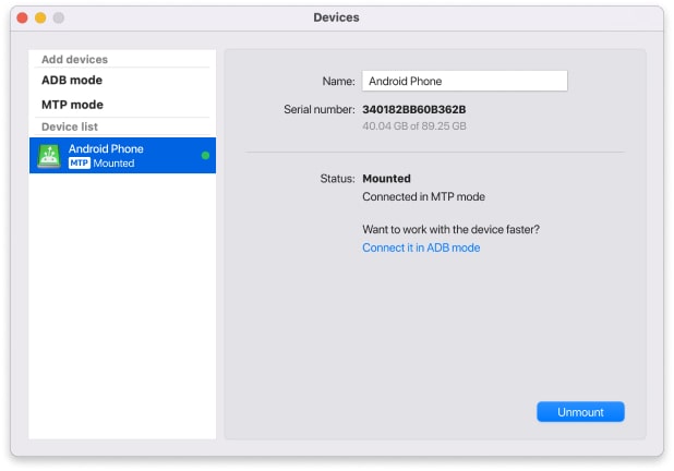 MacDroid can mount multiple devices, so you can manage data right from Finder on all your Android gadgets that were connected.