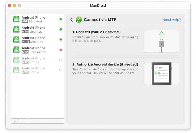 La guía breve sobre cómo conectar Android a Mac con MacDroid en modo MTP está disponible desde la ventana de la aplicación.