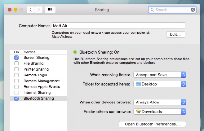 Use Bluetooth Sharing Preferences and set up your computer to share files with other Bluetooth enabled devices. 